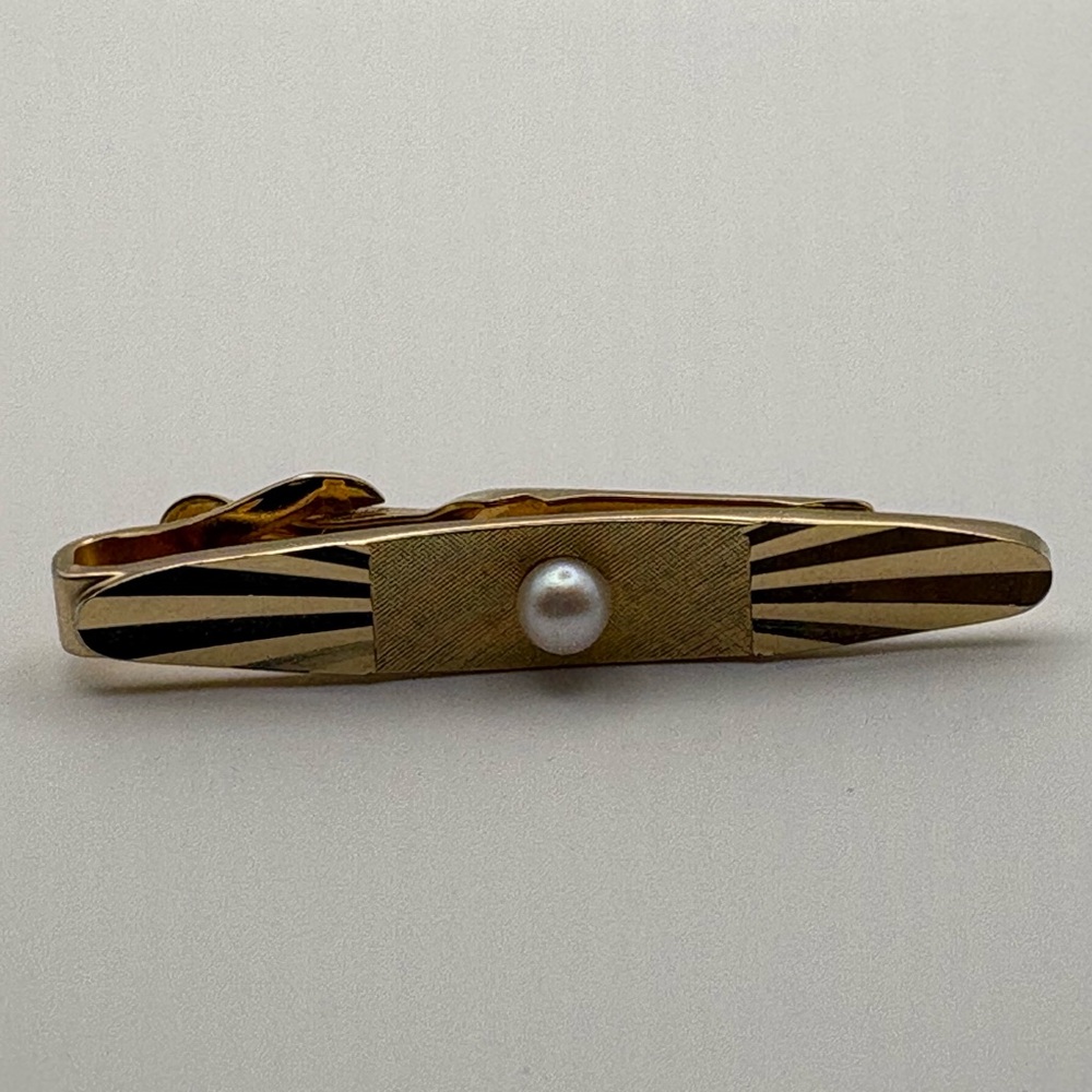 Vintage Swank Gold Tone Tie Bar with Pearl Accent | Mid-Century